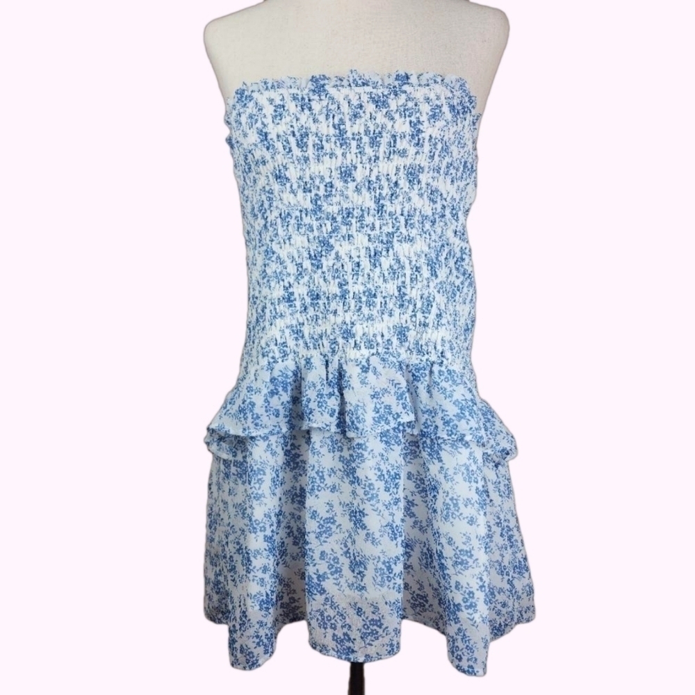 New Blue White Ditzy Floral Smocked Tiered Chiffon Peplum Strapless Top M
